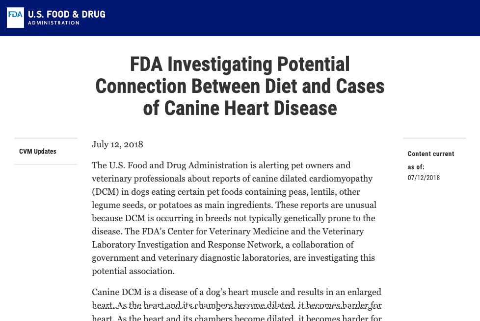 DCM and Grain Free Pet Foods FDA Investigation Announcement